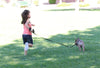 Young girl running on grass at the park with leash in hand connected to a French Bulldog puppy
