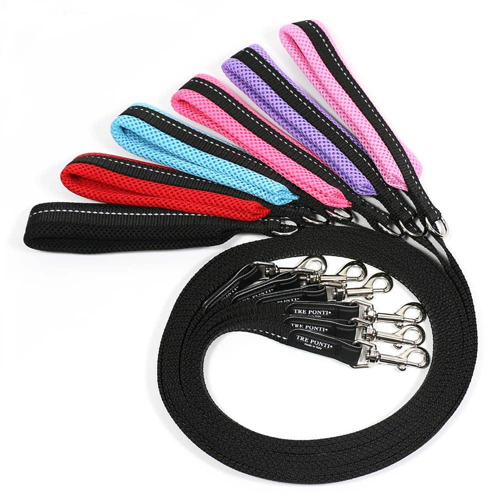Colorful dog leashes with different colored handles and metal clips.